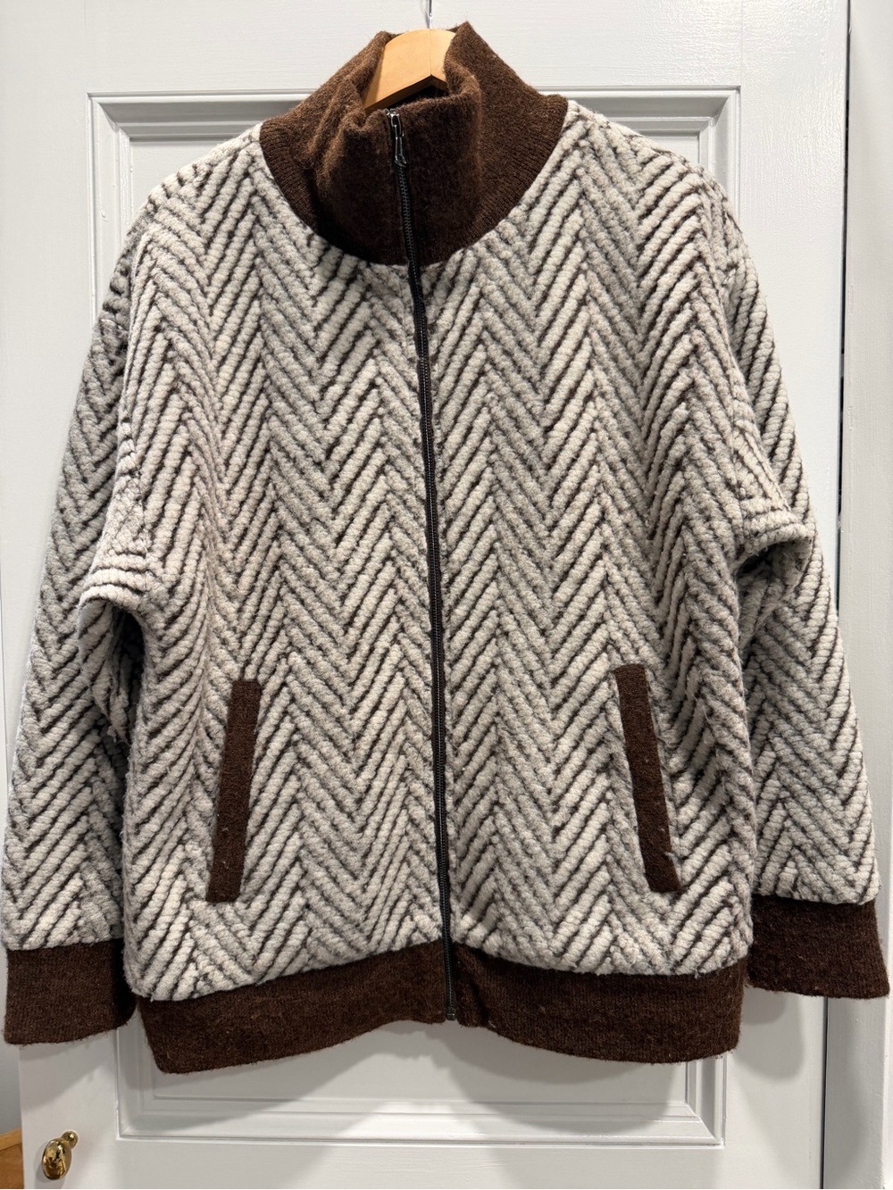 Bernardo Oversized Zip-Front Fleece Jacket - Brown/Cream Herringbone - Small
